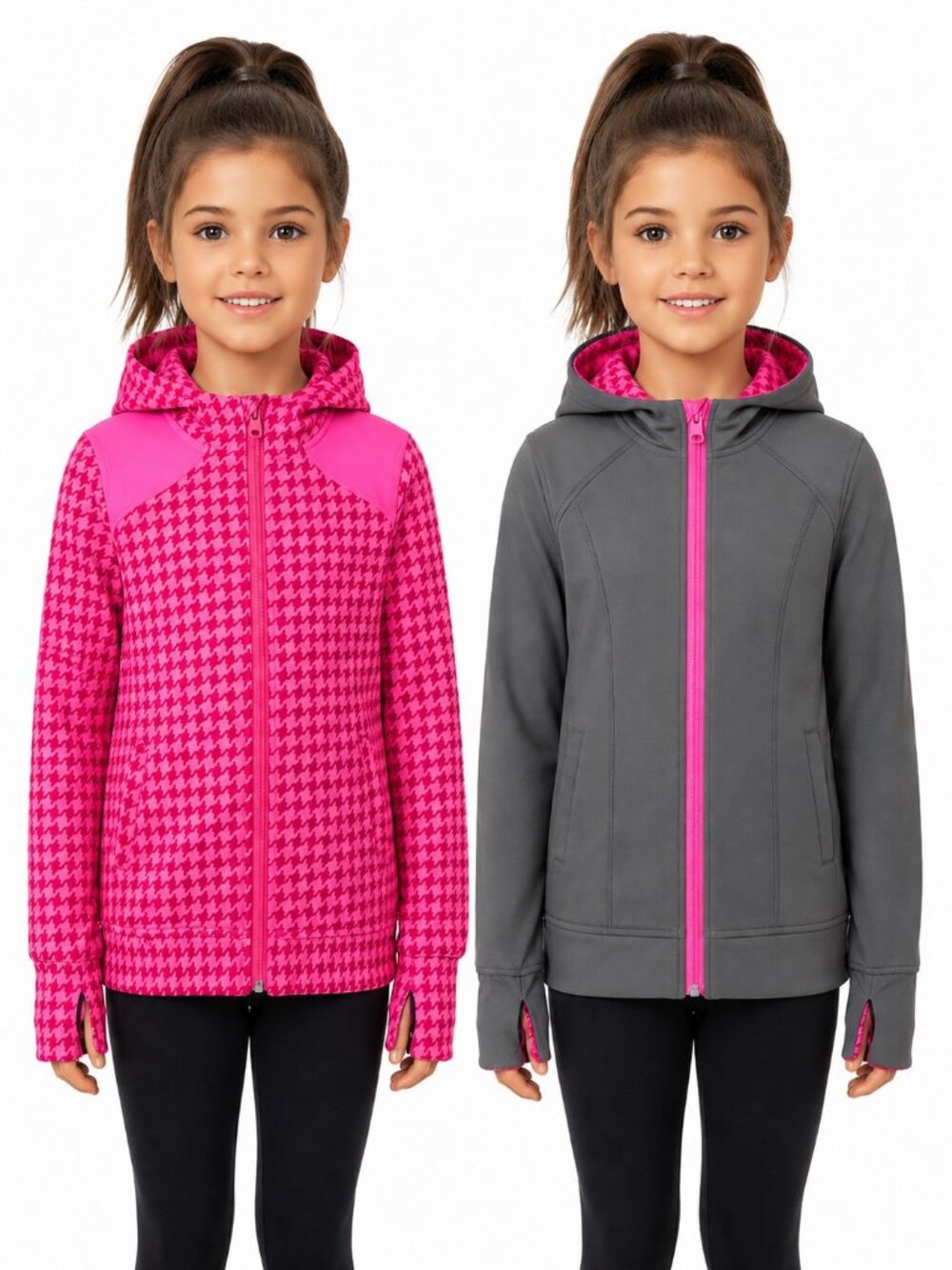 Ivivva Pinkelicious Houndstooth/Grey Reversible Hooded Jacket Girls Size 10